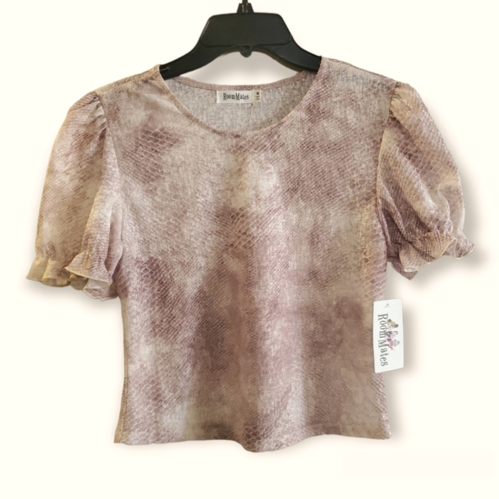 ROOMMATES Medium M sheer snake print brown crop top Y2k, 00's